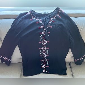 Dennis by Dennis Basso, Black Aztec Embroidered, Tassel Tie, Peasant Top, XL